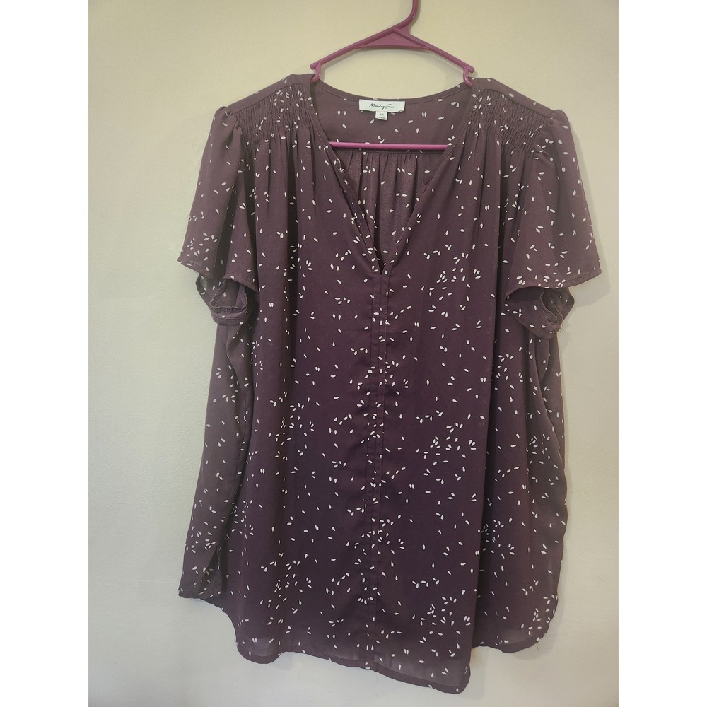 Monday Fun Plum Purple Seed Print Smocked Fairycore V-Neck Blouse Top Size 1X